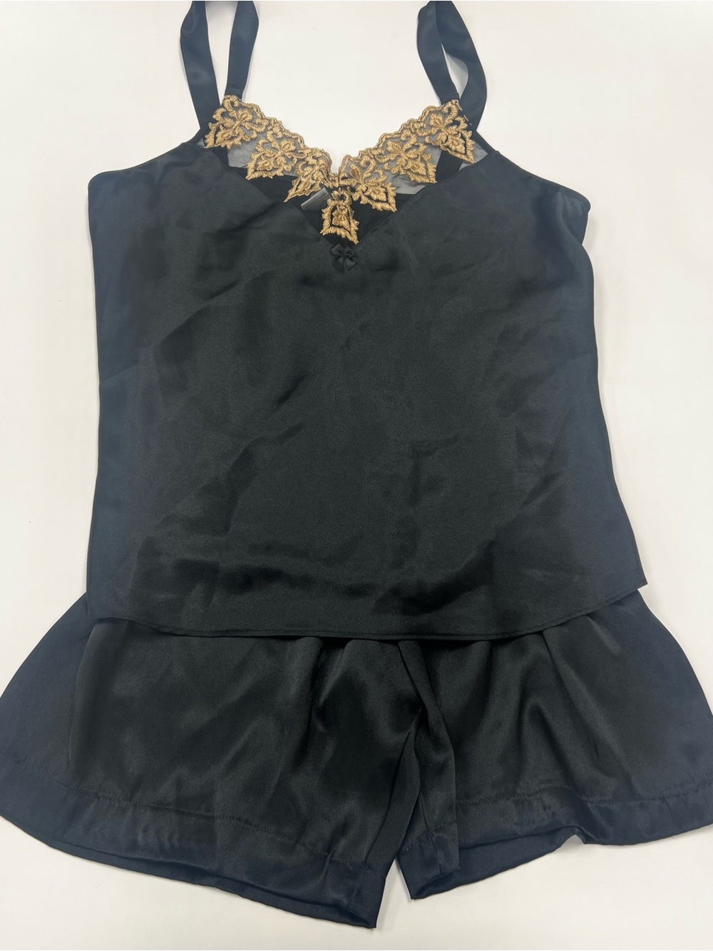 Secret Treasures Black Satin Sleepwear Set with Gold Embroidered Detail Boxer L